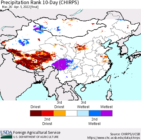 China, Mongolia and Taiwan Precipitation Rank since 1981, 10-Day (CHIRPS) Thematic Map For 3/26/2022 - 4/5/2022