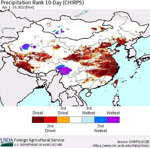 China, Mongolia and Taiwan Precipitation Rank since 1981, 10-Day (CHIRPS) Thematic Map For 4/1/2022 - 4/10/2022