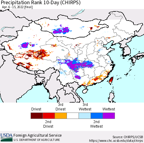 China, Mongolia and Taiwan Precipitation Rank since 1981, 10-Day (CHIRPS) Thematic Map For 4/6/2022 - 4/15/2022