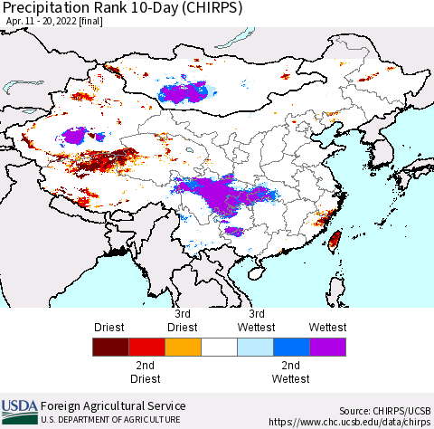 China, Mongolia and Taiwan Precipitation Rank since 1981, 10-Day (CHIRPS) Thematic Map For 4/11/2022 - 4/20/2022