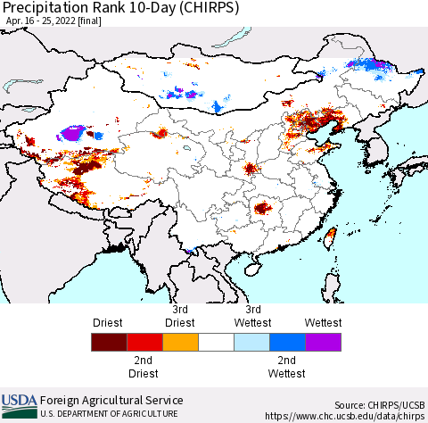 China, Mongolia and Taiwan Precipitation Rank since 1981, 10-Day (CHIRPS) Thematic Map For 4/16/2022 - 4/25/2022