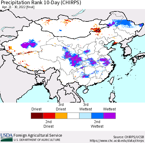 China, Mongolia and Taiwan Precipitation Rank since 1981, 10-Day (CHIRPS) Thematic Map For 4/21/2022 - 4/30/2022