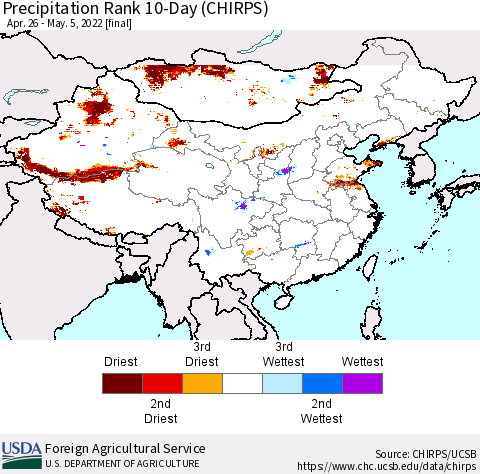 China, Mongolia and Taiwan Precipitation Rank since 1981, 10-Day (CHIRPS) Thematic Map For 4/26/2022 - 5/5/2022