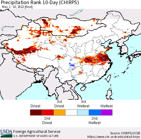 China, Mongolia and Taiwan Precipitation Rank since 1981, 10-Day (CHIRPS) Thematic Map For 5/1/2022 - 5/10/2022