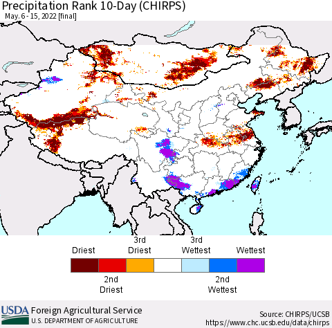 China, Mongolia and Taiwan Precipitation Rank since 1981, 10-Day (CHIRPS) Thematic Map For 5/6/2022 - 5/15/2022