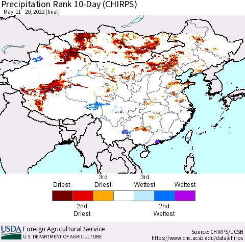 China, Mongolia and Taiwan Precipitation Rank since 1981, 10-Day (CHIRPS) Thematic Map For 5/11/2022 - 5/20/2022