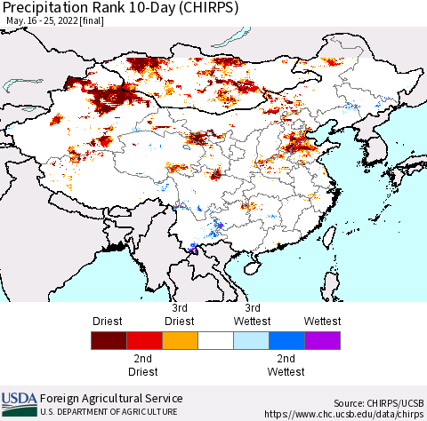 China, Mongolia and Taiwan Precipitation Rank since 1981, 10-Day (CHIRPS) Thematic Map For 5/16/2022 - 5/25/2022