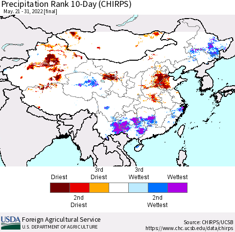 China, Mongolia and Taiwan Precipitation Rank since 1981, 10-Day (CHIRPS) Thematic Map For 5/21/2022 - 5/31/2022