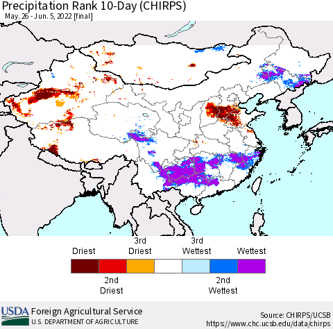 China, Mongolia and Taiwan Precipitation Rank since 1981, 10-Day (CHIRPS) Thematic Map For 5/26/2022 - 6/5/2022
