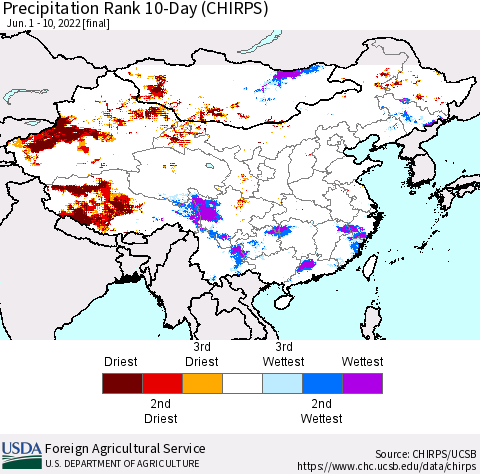 China, Mongolia and Taiwan Precipitation Rank since 1981, 10-Day (CHIRPS) Thematic Map For 6/1/2022 - 6/10/2022