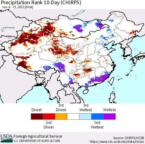 China, Mongolia and Taiwan Precipitation Rank since 1981, 10-Day (CHIRPS) Thematic Map For 6/6/2022 - 6/15/2022