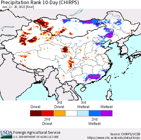 China, Mongolia and Taiwan Precipitation Rank since 1981, 10-Day (CHIRPS) Thematic Map For 6/11/2022 - 6/20/2022