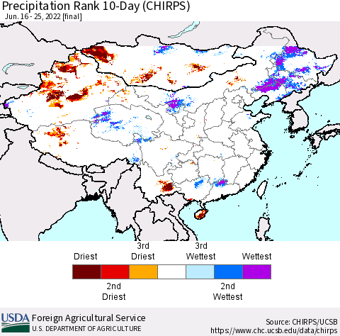 China, Mongolia and Taiwan Precipitation Rank since 1981, 10-Day (CHIRPS) Thematic Map For 6/16/2022 - 6/25/2022