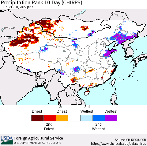 China, Mongolia and Taiwan Precipitation Rank since 1981, 10-Day (CHIRPS) Thematic Map For 6/21/2022 - 6/30/2022