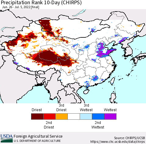 China, Mongolia and Taiwan Precipitation Rank since 1981, 10-Day (CHIRPS) Thematic Map For 6/26/2022 - 7/5/2022