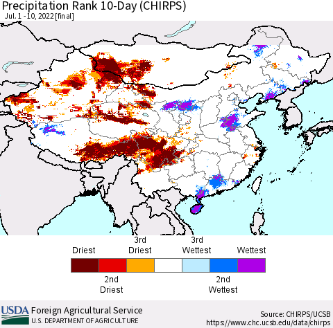 China, Mongolia and Taiwan Precipitation Rank since 1981, 10-Day (CHIRPS) Thematic Map For 7/1/2022 - 7/10/2022