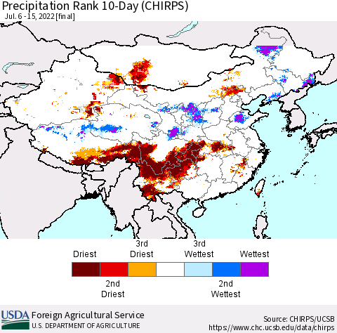 China, Mongolia and Taiwan Precipitation Rank since 1981, 10-Day (CHIRPS) Thematic Map For 7/6/2022 - 7/15/2022