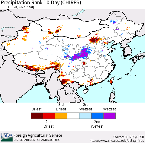 China, Mongolia and Taiwan Precipitation Rank since 1981, 10-Day (CHIRPS) Thematic Map For 7/11/2022 - 7/20/2022
