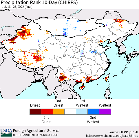 China, Mongolia and Taiwan Precipitation Rank since 1981, 10-Day (CHIRPS) Thematic Map For 7/16/2022 - 7/25/2022