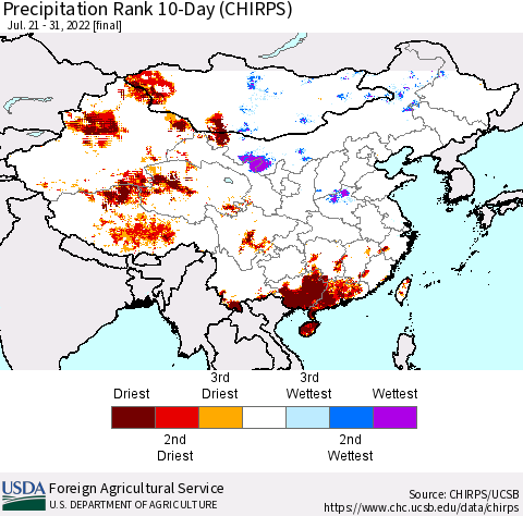 China, Mongolia and Taiwan Precipitation Rank since 1981, 10-Day (CHIRPS) Thematic Map For 7/21/2022 - 7/31/2022