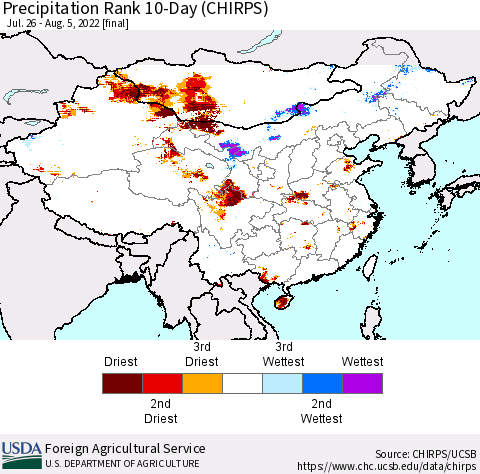 China, Mongolia and Taiwan Precipitation Rank since 1981, 10-Day (CHIRPS) Thematic Map For 7/26/2022 - 8/5/2022
