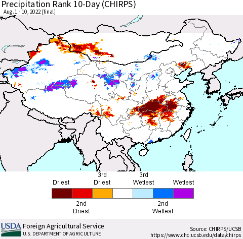 China, Mongolia and Taiwan Precipitation Rank since 1981, 10-Day (CHIRPS) Thematic Map For 8/1/2022 - 8/10/2022