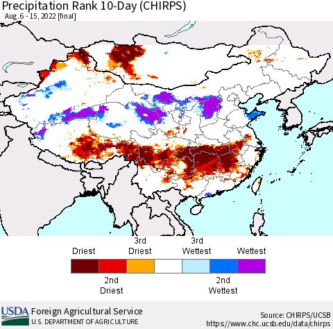 China, Mongolia and Taiwan Precipitation Rank since 1981, 10-Day (CHIRPS) Thematic Map For 8/6/2022 - 8/15/2022