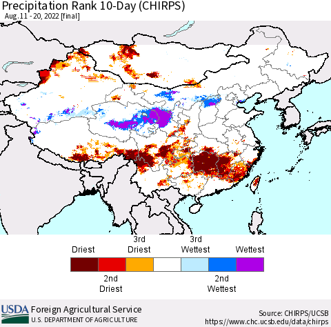 China, Mongolia and Taiwan Precipitation Rank since 1981, 10-Day (CHIRPS) Thematic Map For 8/11/2022 - 8/20/2022