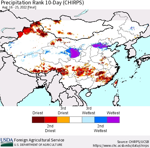 China, Mongolia and Taiwan Precipitation Rank since 1981, 10-Day (CHIRPS) Thematic Map For 8/16/2022 - 8/25/2022