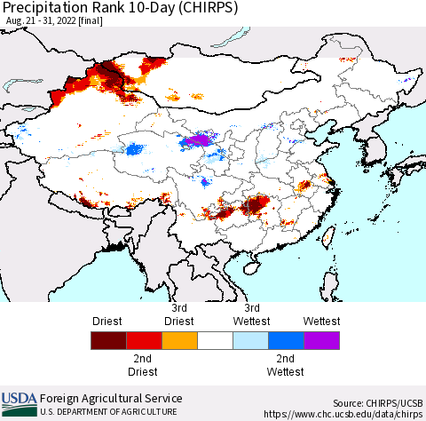 China, Mongolia and Taiwan Precipitation Rank since 1981, 10-Day (CHIRPS) Thematic Map For 8/21/2022 - 8/31/2022