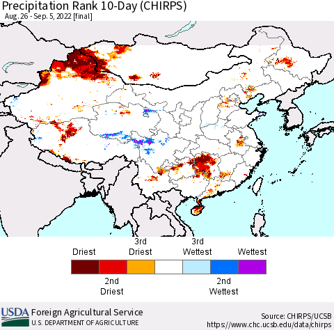 China, Mongolia and Taiwan Precipitation Rank since 1981, 10-Day (CHIRPS) Thematic Map For 8/26/2022 - 9/5/2022