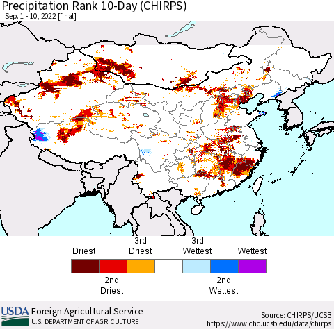 China, Mongolia and Taiwan Precipitation Rank since 1981, 10-Day (CHIRPS) Thematic Map For 9/1/2022 - 9/10/2022