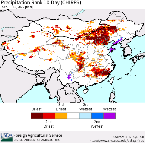 China, Mongolia and Taiwan Precipitation Rank since 1981, 10-Day (CHIRPS) Thematic Map For 9/6/2022 - 9/15/2022