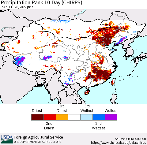 China, Mongolia and Taiwan Precipitation Rank since 1981, 10-Day (CHIRPS) Thematic Map For 9/11/2022 - 9/20/2022