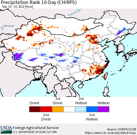 China, Mongolia and Taiwan Precipitation Rank since 1981, 10-Day (CHIRPS) Thematic Map For 9/16/2022 - 9/25/2022