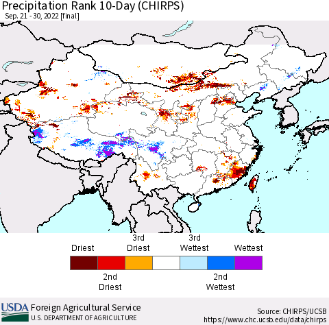 China, Mongolia and Taiwan Precipitation Rank since 1981, 10-Day (CHIRPS) Thematic Map For 9/21/2022 - 9/30/2022