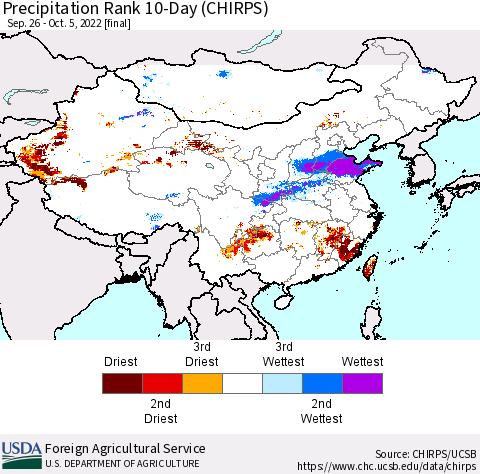 China, Mongolia and Taiwan Precipitation Rank since 1981, 10-Day (CHIRPS) Thematic Map For 9/26/2022 - 10/5/2022