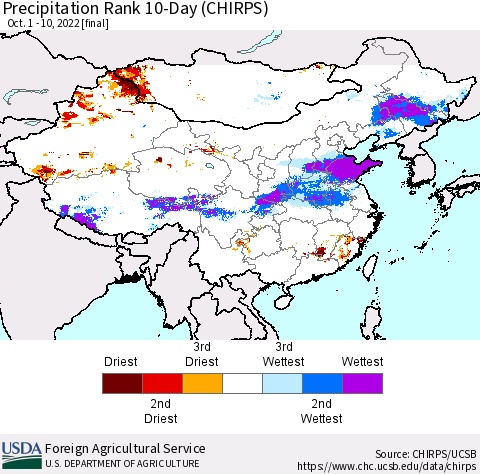 China, Mongolia and Taiwan Precipitation Rank since 1981, 10-Day (CHIRPS) Thematic Map For 10/1/2022 - 10/10/2022