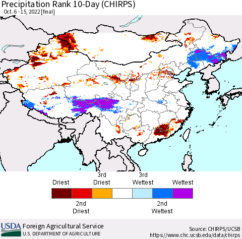 China, Mongolia and Taiwan Precipitation Rank since 1981, 10-Day (CHIRPS) Thematic Map For 10/6/2022 - 10/15/2022