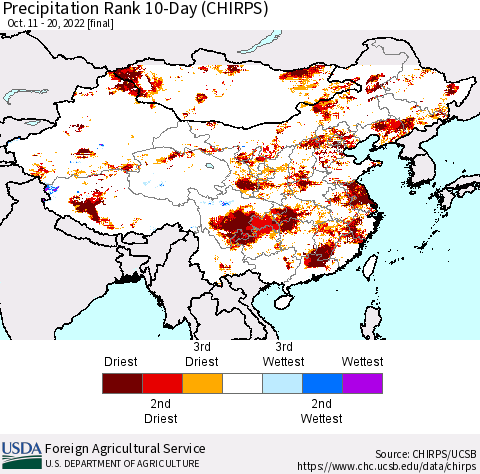 China, Mongolia and Taiwan Precipitation Rank since 1981, 10-Day (CHIRPS) Thematic Map For 10/11/2022 - 10/20/2022