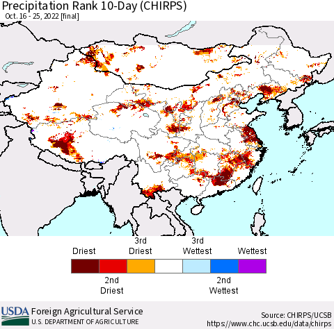 China, Mongolia and Taiwan Precipitation Rank since 1981, 10-Day (CHIRPS) Thematic Map For 10/16/2022 - 10/25/2022