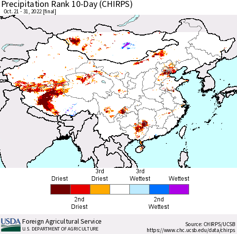 China, Mongolia and Taiwan Precipitation Rank since 1981, 10-Day (CHIRPS) Thematic Map For 10/21/2022 - 10/31/2022