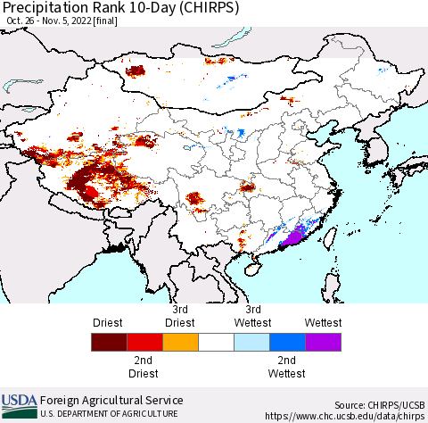 China, Mongolia and Taiwan Precipitation Rank since 1981, 10-Day (CHIRPS) Thematic Map For 10/26/2022 - 11/5/2022