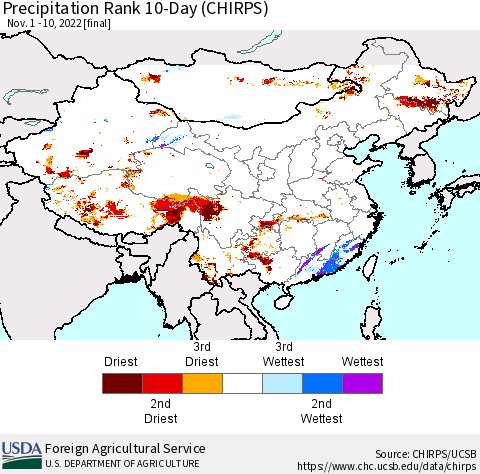 China, Mongolia and Taiwan Precipitation Rank since 1981, 10-Day (CHIRPS) Thematic Map For 11/1/2022 - 11/10/2022