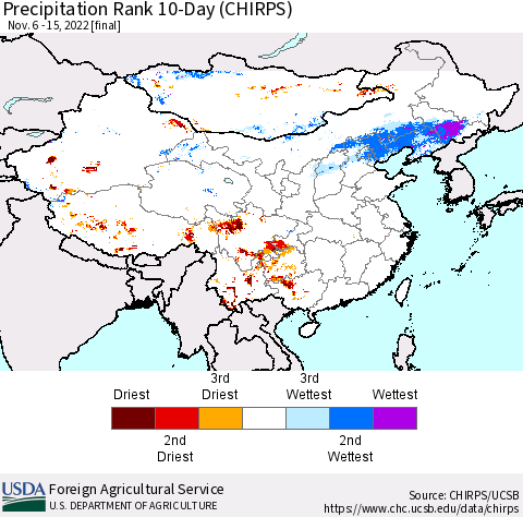 China, Mongolia and Taiwan Precipitation Rank since 1981, 10-Day (CHIRPS) Thematic Map For 11/6/2022 - 11/15/2022