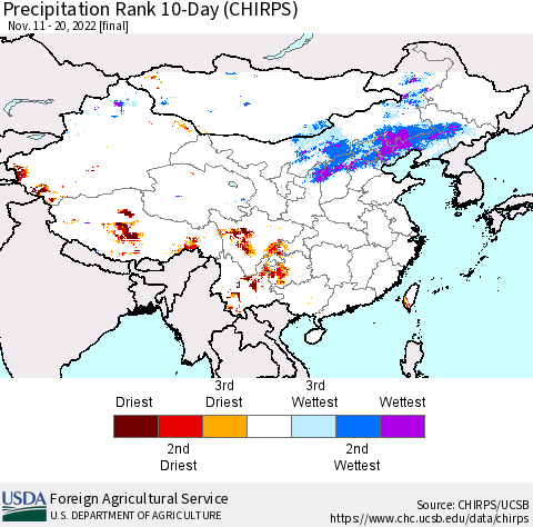 China, Mongolia and Taiwan Precipitation Rank since 1981, 10-Day (CHIRPS) Thematic Map For 11/11/2022 - 11/20/2022
