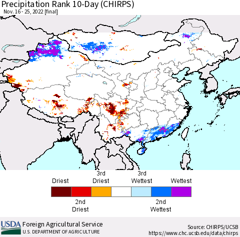 China, Mongolia and Taiwan Precipitation Rank since 1981, 10-Day (CHIRPS) Thematic Map For 11/16/2022 - 11/25/2022