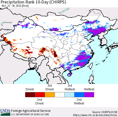 China, Mongolia and Taiwan Precipitation Rank since 1981, 10-Day (CHIRPS) Thematic Map For 11/21/2022 - 11/30/2022