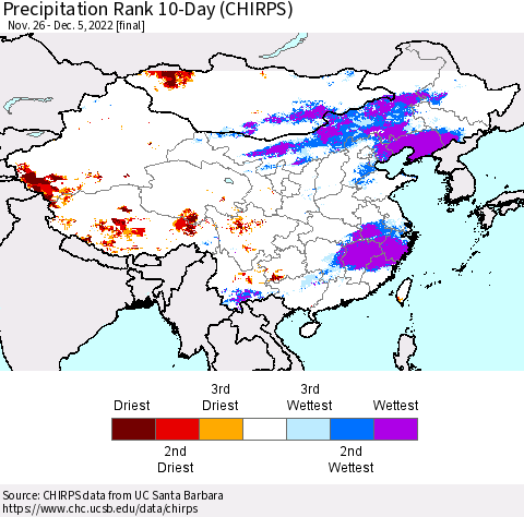 China, Mongolia and Taiwan Precipitation Rank since 1981, 10-Day (CHIRPS) Thematic Map For 11/26/2022 - 12/5/2022
