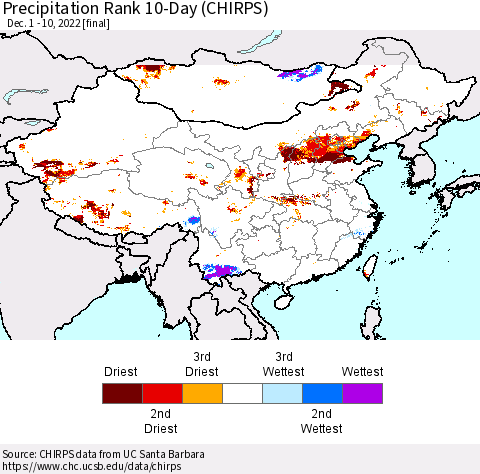 China, Mongolia and Taiwan Precipitation Rank since 1981, 10-Day (CHIRPS) Thematic Map For 12/1/2022 - 12/10/2022